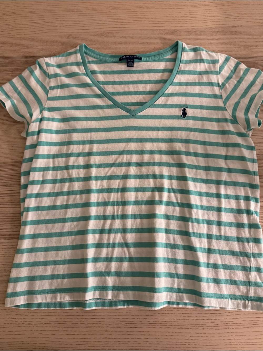 Ralph Lauren Mint Green & White Striped V-Neck Tee, XL